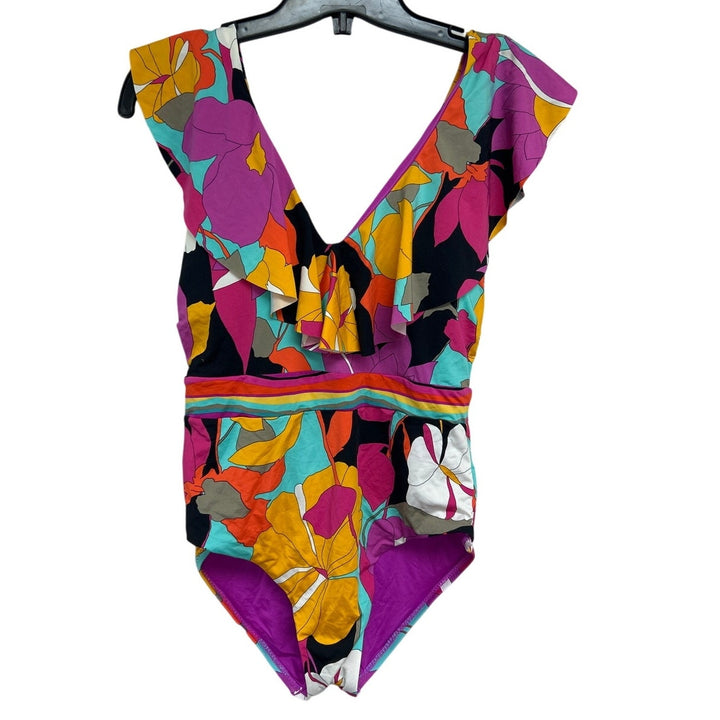 New Trina Turk Womens XS Tropical Floral V Neck Back Tie One Piece Swimsuit