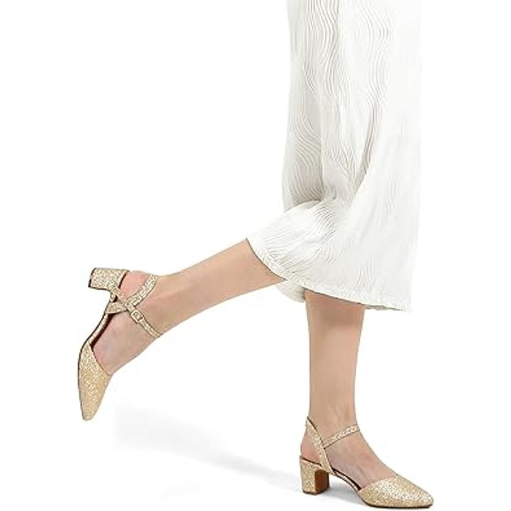 New Mysoft Womens 10 Gold Glitter Pointy Toe 2.5" Block Heel Ankle Strap Shoes