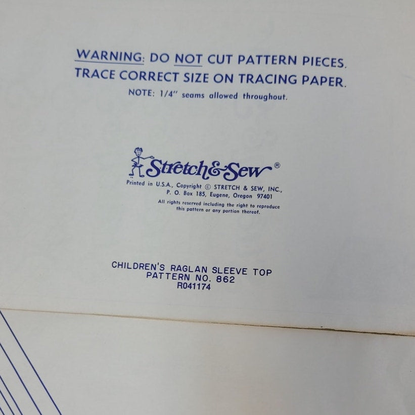 Vintage Stretch &amp; Sew 862 Childrens Raglan Sleeve Top Uncut Sewing Pattern