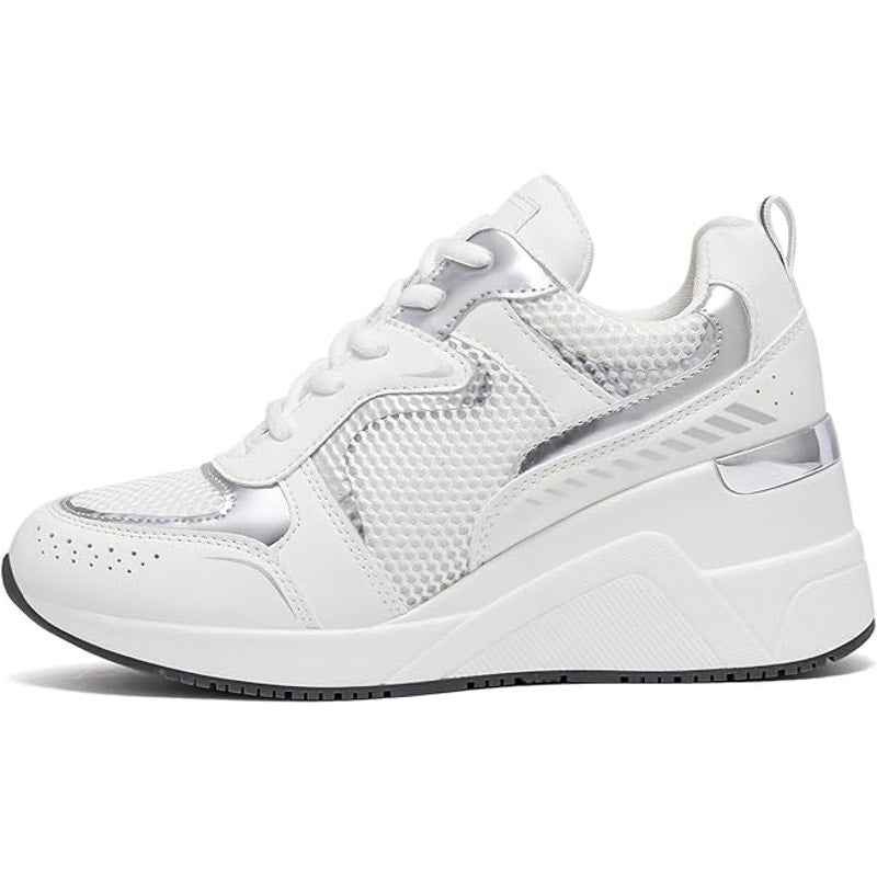 Cestfini Womens Size 9 White Lace Up Silver Accent Wedge Heel Sneaker Shoes