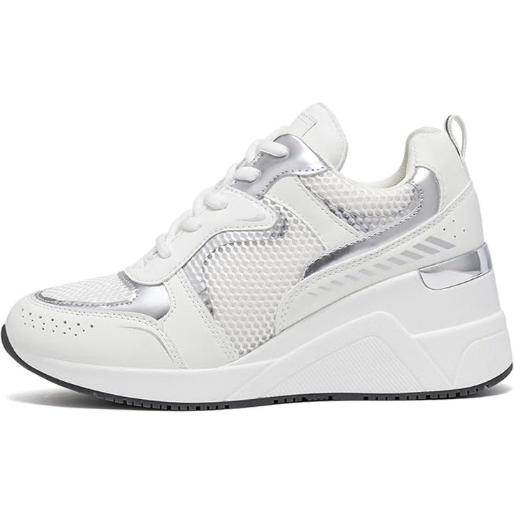 Cestfini Womens Size 9 White Lace Up Silver Accent Wedge Heel Sneaker Shoes