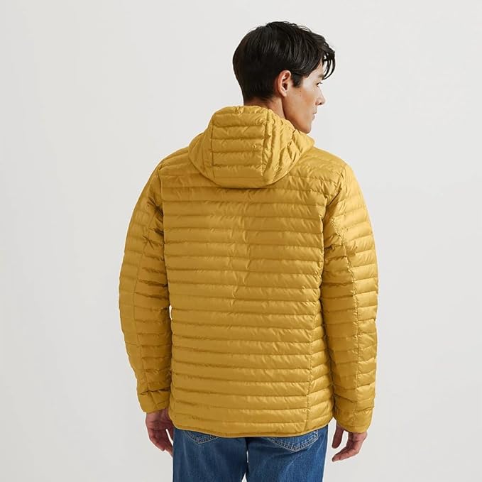 New Eddie Bauer Mens Medium Gold Microlight 650FP Down Zip Up Puffer Hooded Jacket