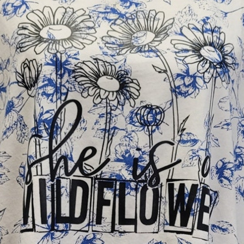 Hand Printed Upcycled Womens XL She Is A Wildflower Floral Flowing Cotton Tee