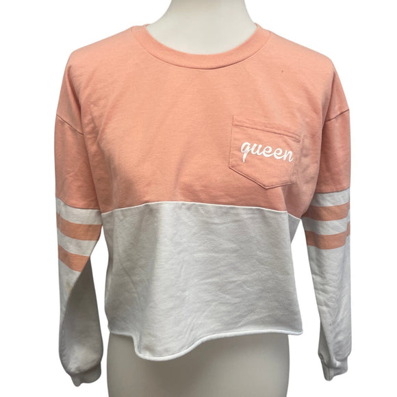 Rue 21 Womens Small PolyCotton Color Block Long Sleeve Crew Neck Cropped Shirt