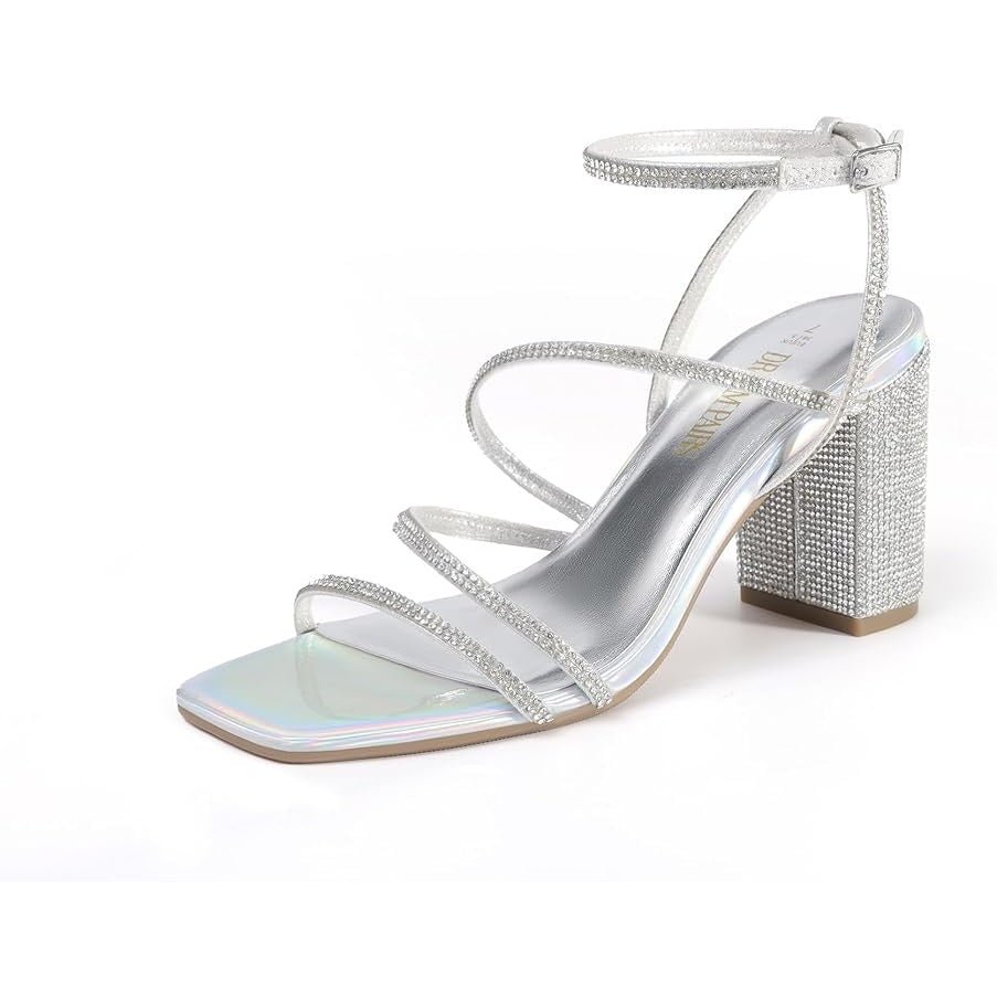 Dream Pairs Womens Size 7.5 Silver Rhinestone 3.5" Block Heel Ankle Strap Shoes