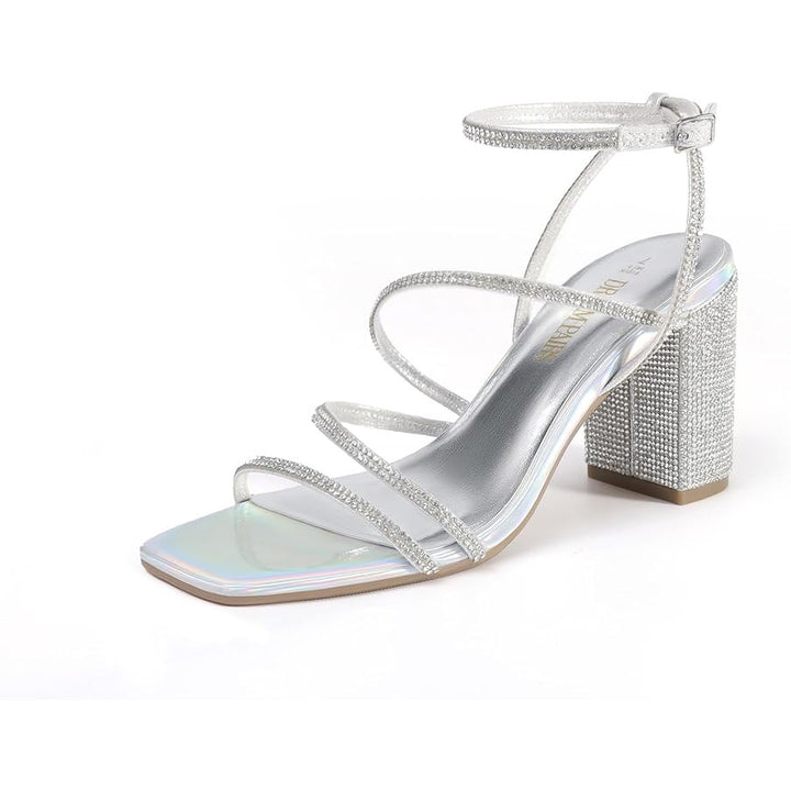 Dream Pairs Womens Size 7.5 Silver Rhinestone 3.5" Block Heel Ankle Strap Shoes