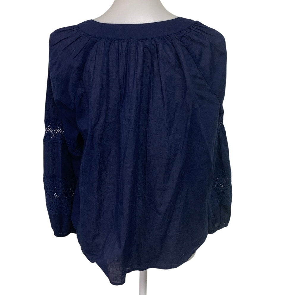 New Aerie Womens Small Navy Blue Long Sleeve Flowy Crochet Button Down Shirt