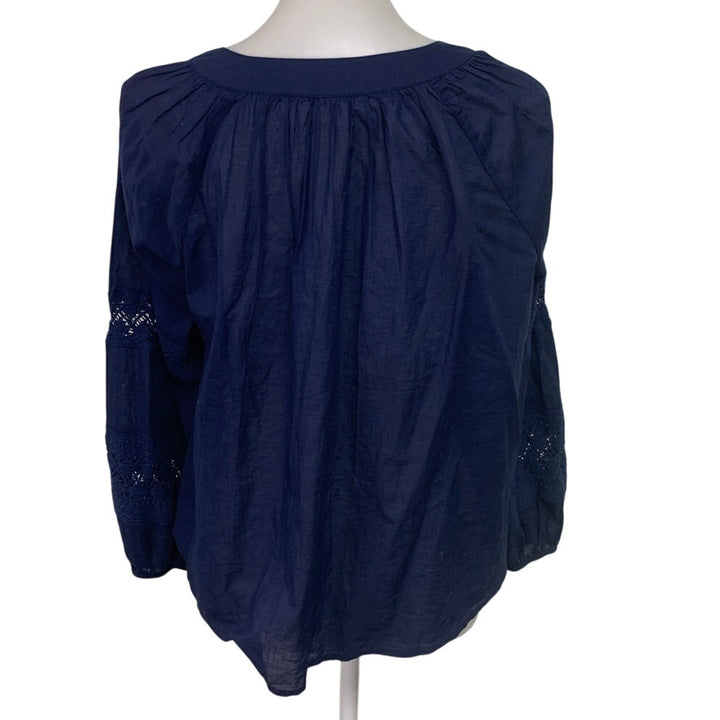 New Aerie Womens Small Navy Blue Long Sleeve Flowy Crochet Button Down Shirt