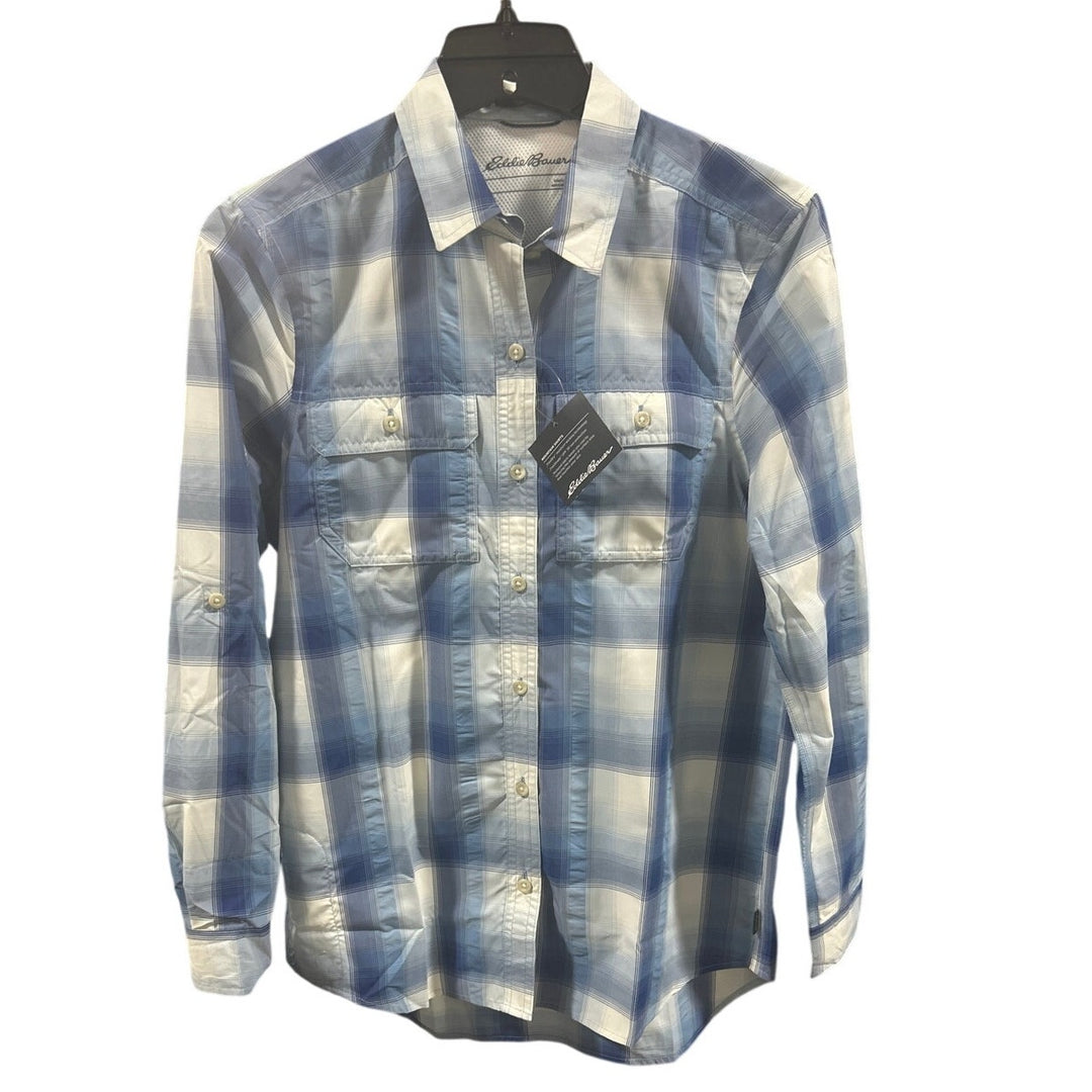 New Eddie Bauer Womens Blue White Plaid Long Sleeve Mountain 2.0 Button Up Shirt