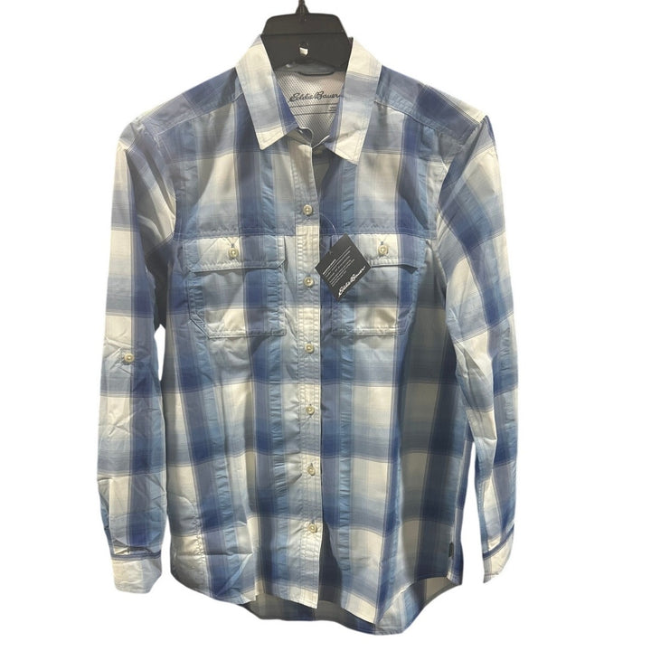 New Eddie Bauer Womens Blue White Plaid Long Sleeve Mountain 2.0 Button Up Shirt