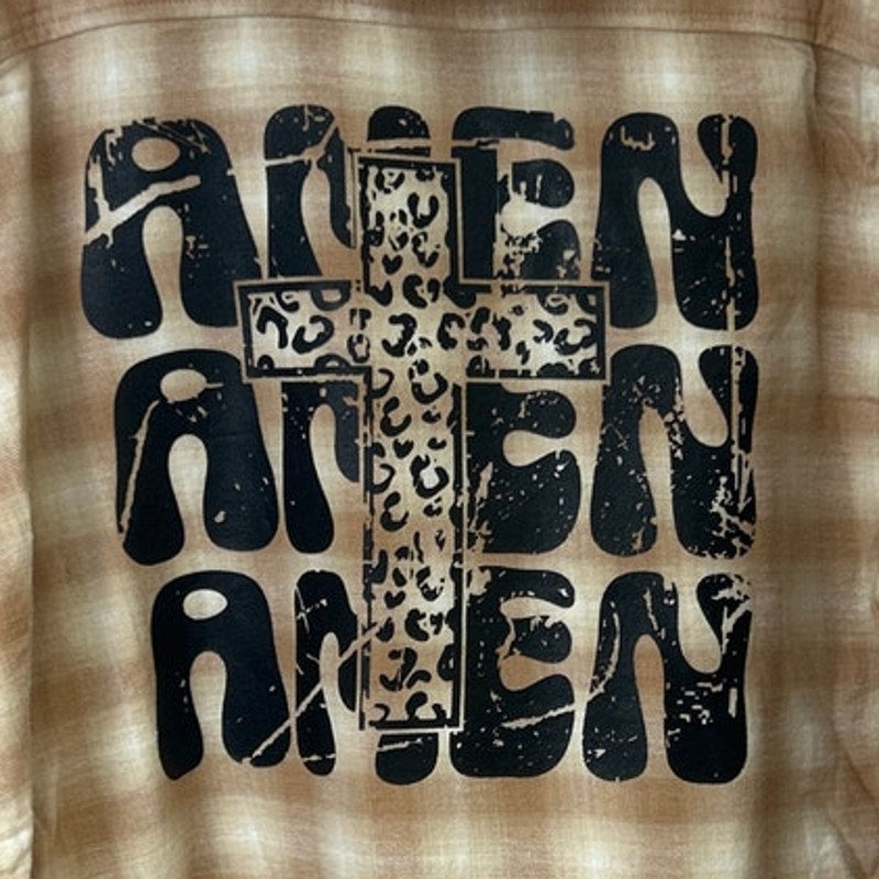 New Hand Printed Womens XL AMEN Long Sleeve Plaid Flannel Cotton Blend Hoodie