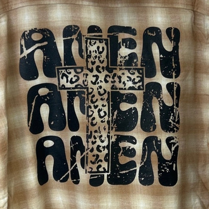 New Hand Printed Womens XL AMEN Long Sleeve Plaid Flannel Cotton Blend Hoodie