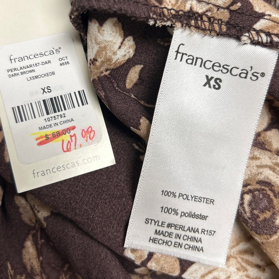 New Francescas Womens XS Brown Tan Floral Hi Low Smocked Boho Cottage Dress