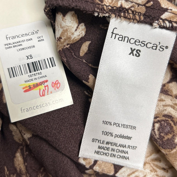 New Francescas Womens XS Brown Tan Floral Hi Low Smocked Boho Cottage Dress