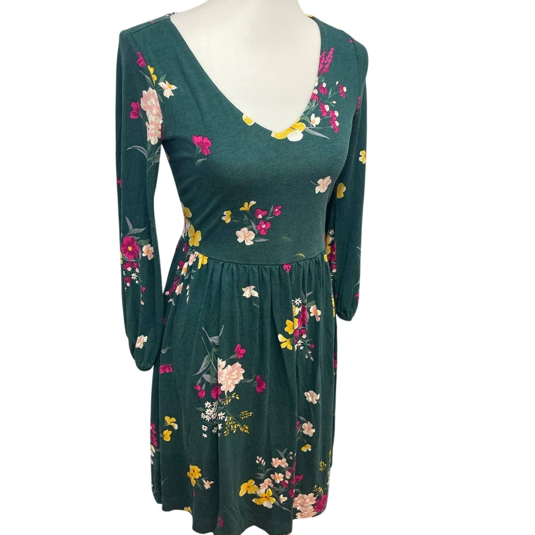 Old Navy XS Long Sleeve Deep V-Neck Rayon Blend Fit &amp; Flare Green Floral Dress
