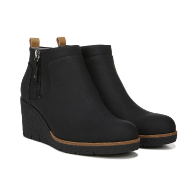 New In Box Dr Scholls Womens Size 8 Black Faux Leather Bianca Wedge Bootie Shoes
