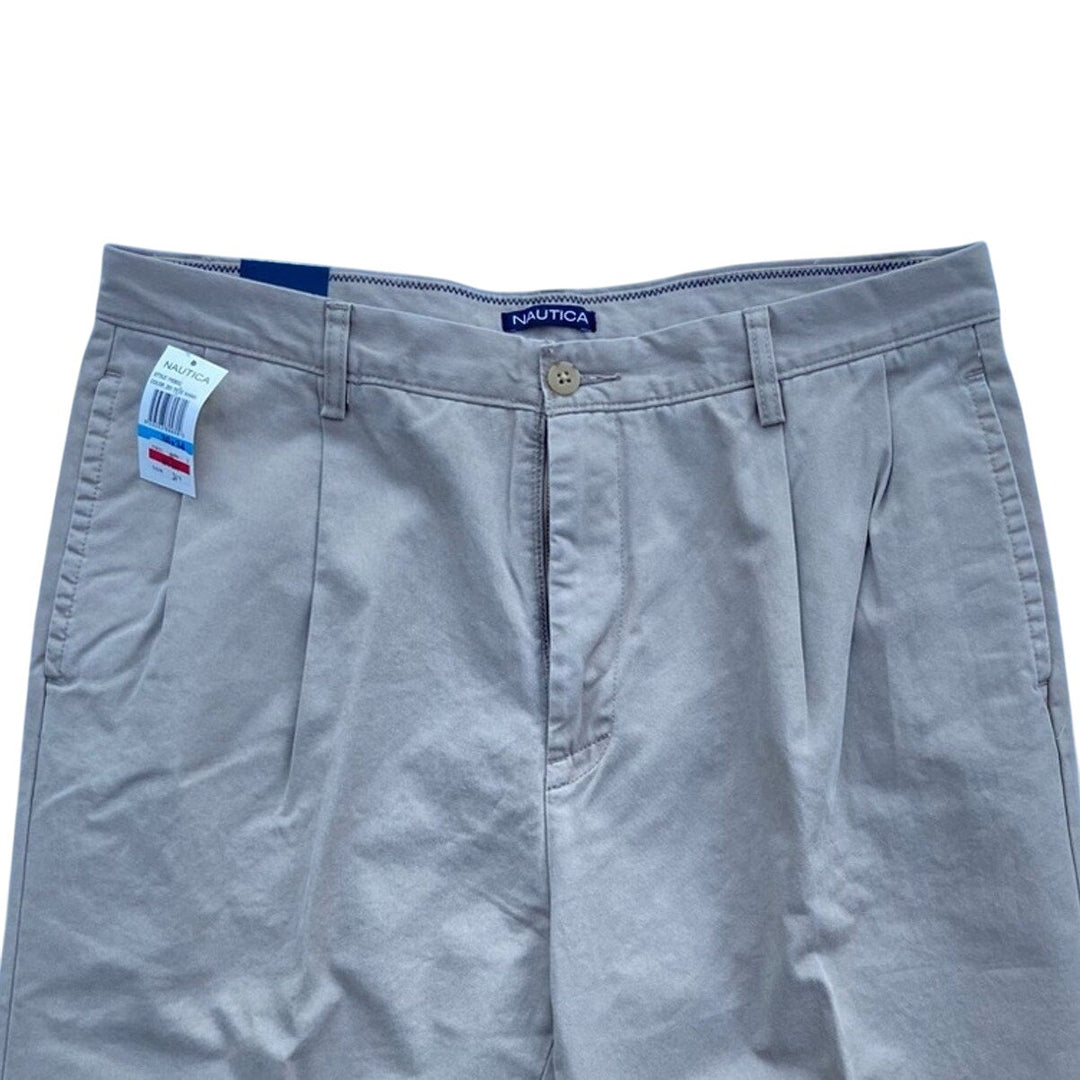 NWT New Nautica Mens Size 36X34 Khaki 100% Cotton Pleated Front Cuffed Pants