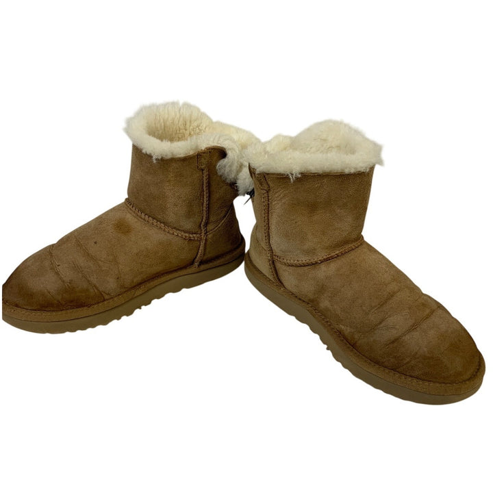 Ugg Womens Size 7 Tan Ankle Boots Mini Back Bow Fur Lined Round Toe Shoes