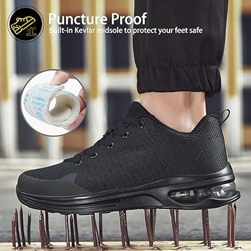 Lupwee Mens Size 14 Black Breatheable Mesh Lace Up Steel Toe Non Slip Work Shoes