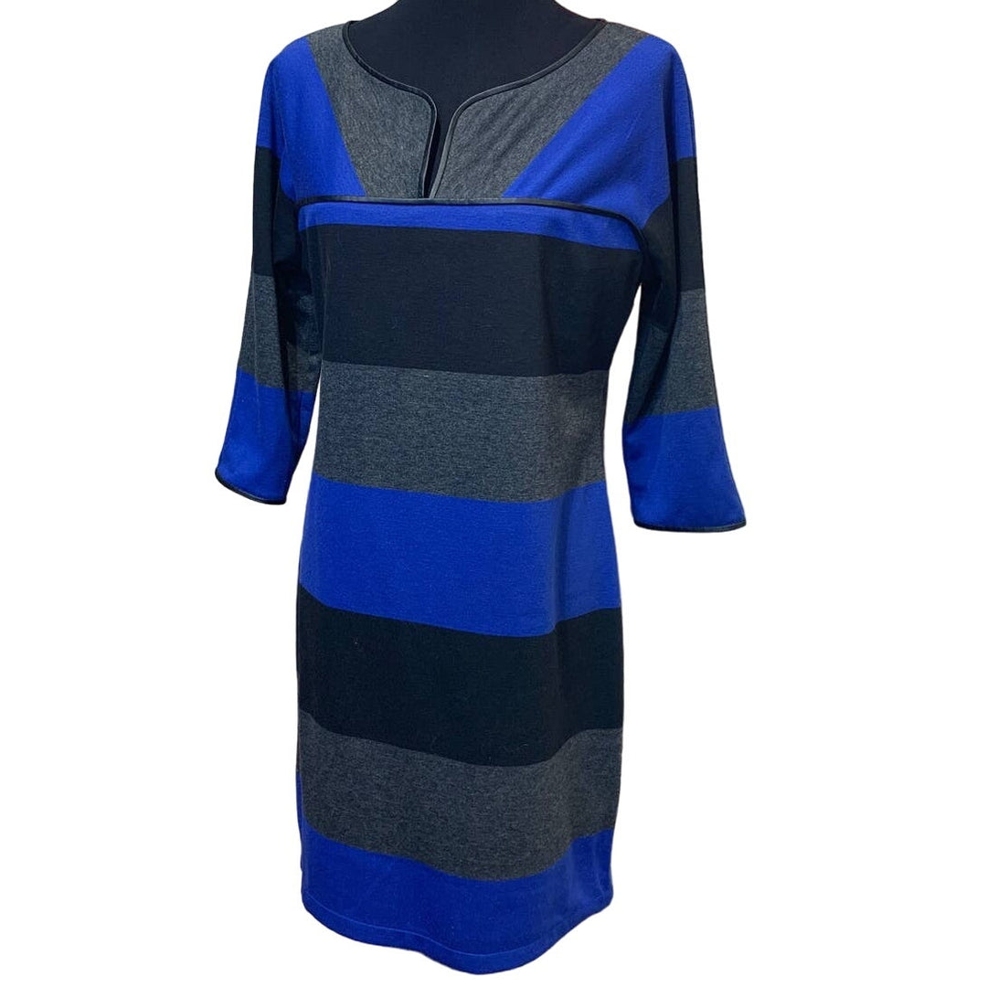 Max Studio Womens Large Long Sleeve Striped Body Con Dress w Faux Leather Trim