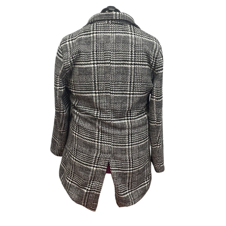 Womens Large Wool Blend Long Sleeve Front Button Black White Plaid Collared Coat