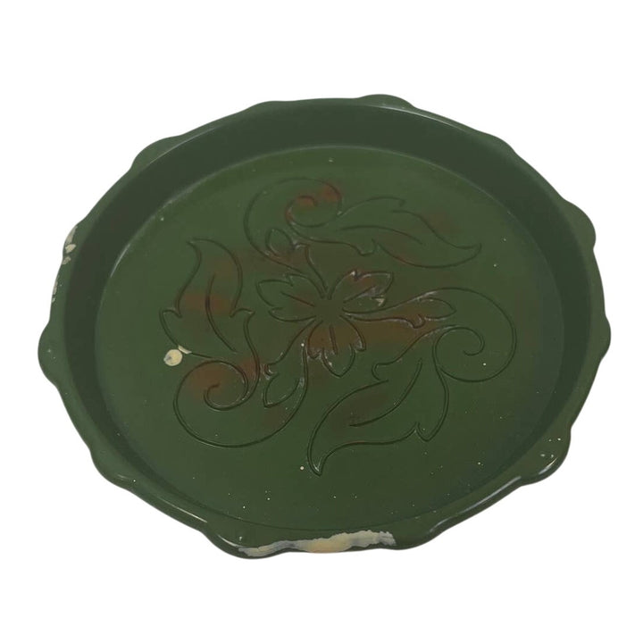 Pair of Vintage Dark Green Melamine Plastic Floral Round Coasters