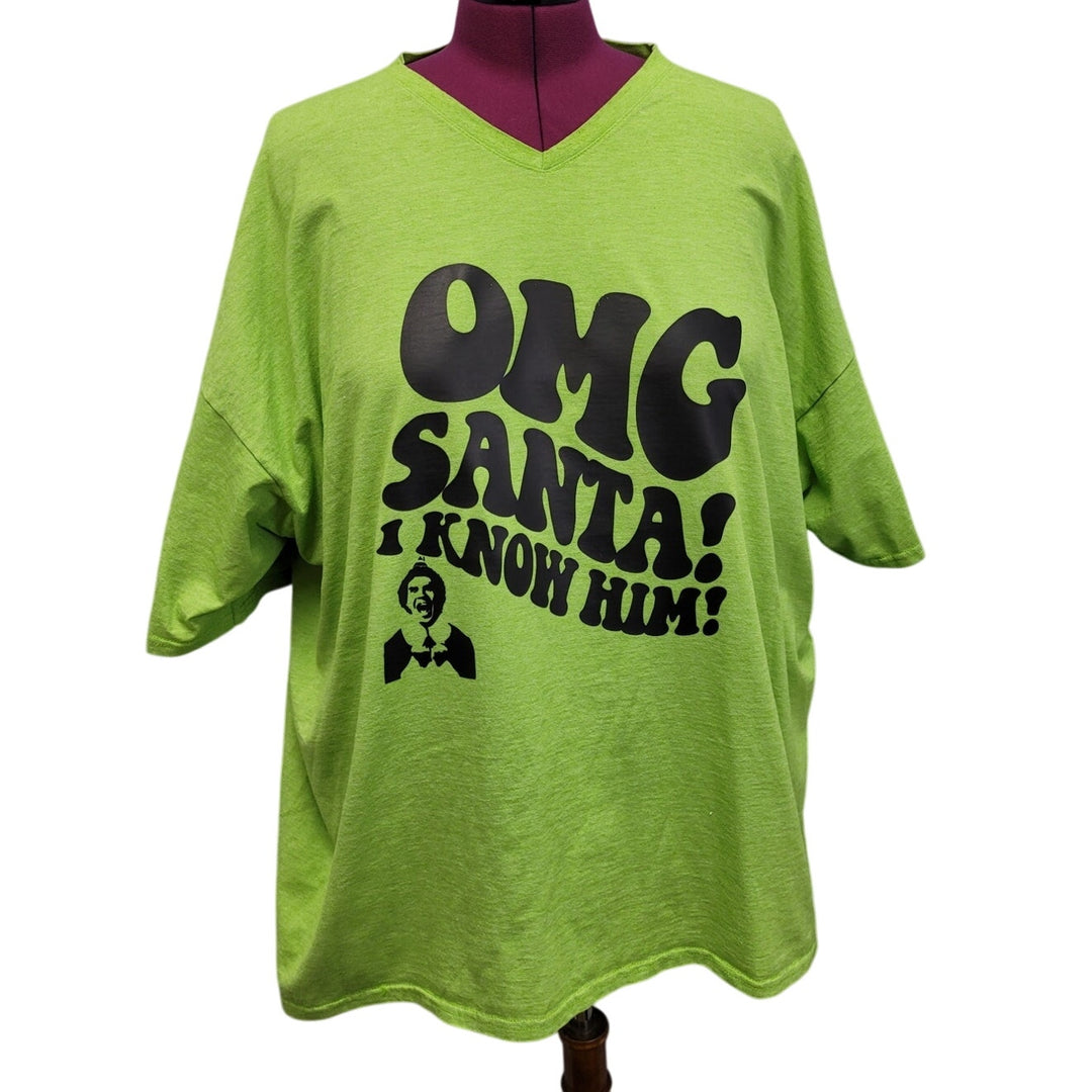 Hand Printed Upcycled Mens 4X OMG Santa I Know Him Elf Movie V Neck Tee Shirt