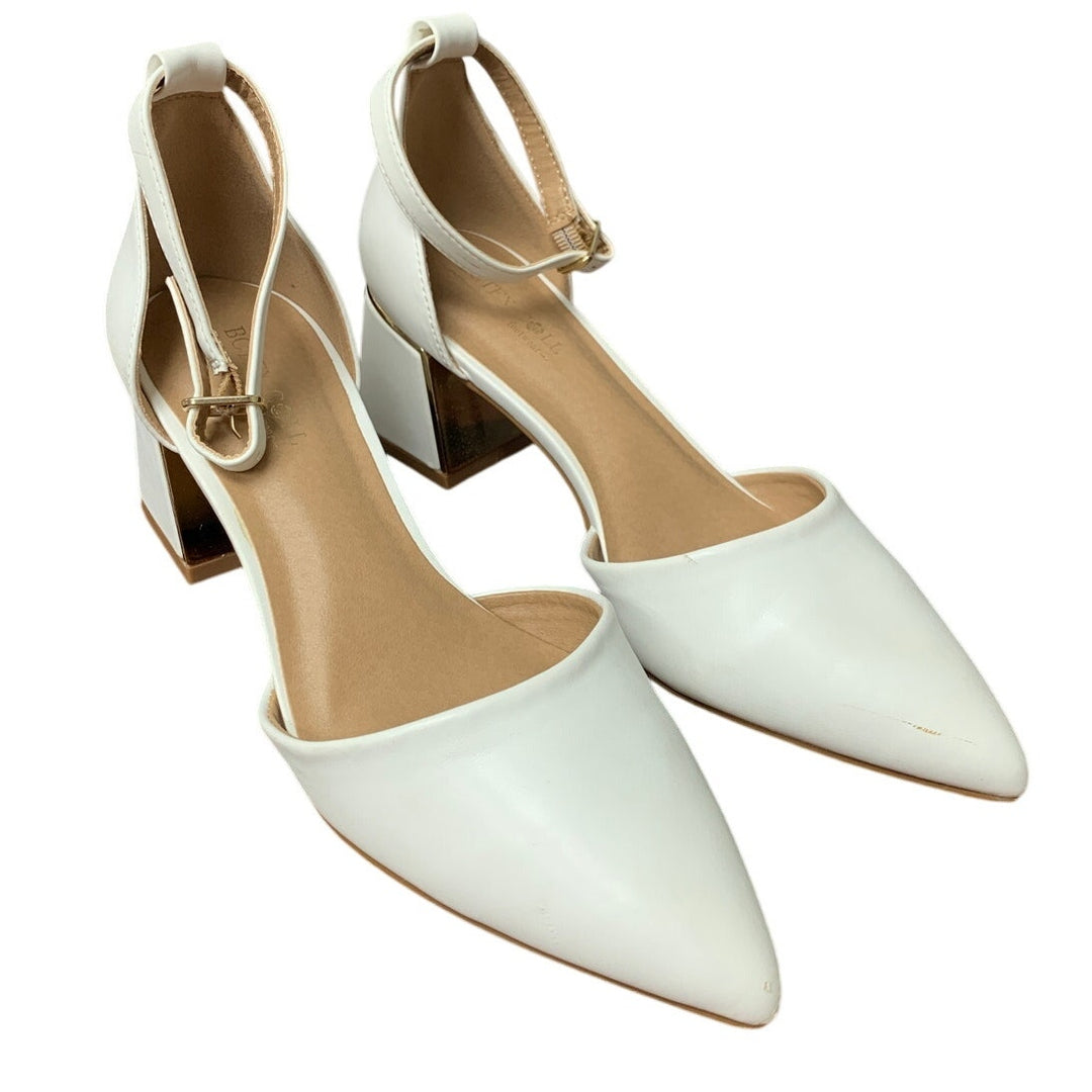 BTEX Coll Womens 7 White Closed Pointed Toe 2.25" Chunky Heel Ankle Strap Shoes