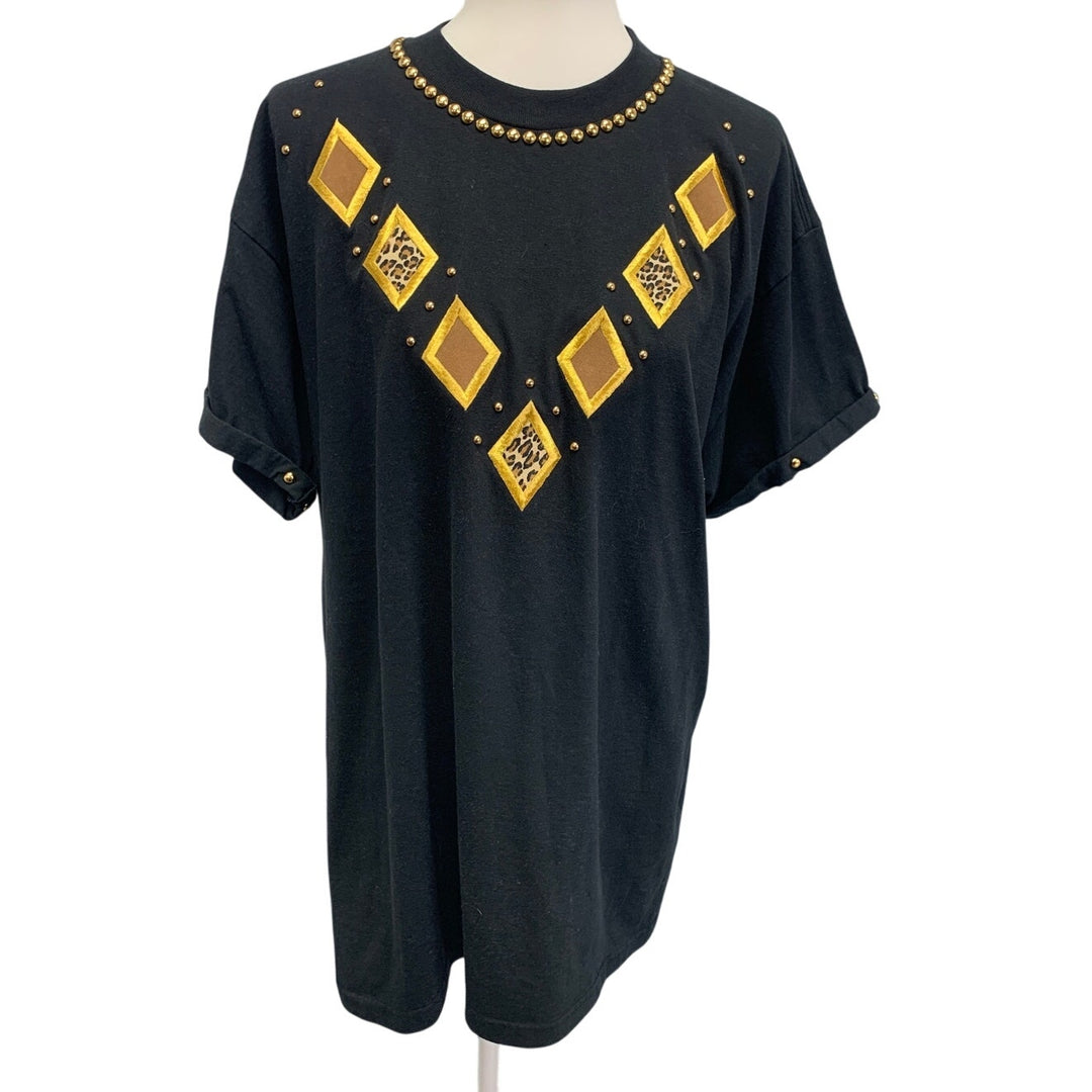 Vintage 1990s PGB Womens Large Gold Beaded Leopard Print Short Sleeve Tee Shirt