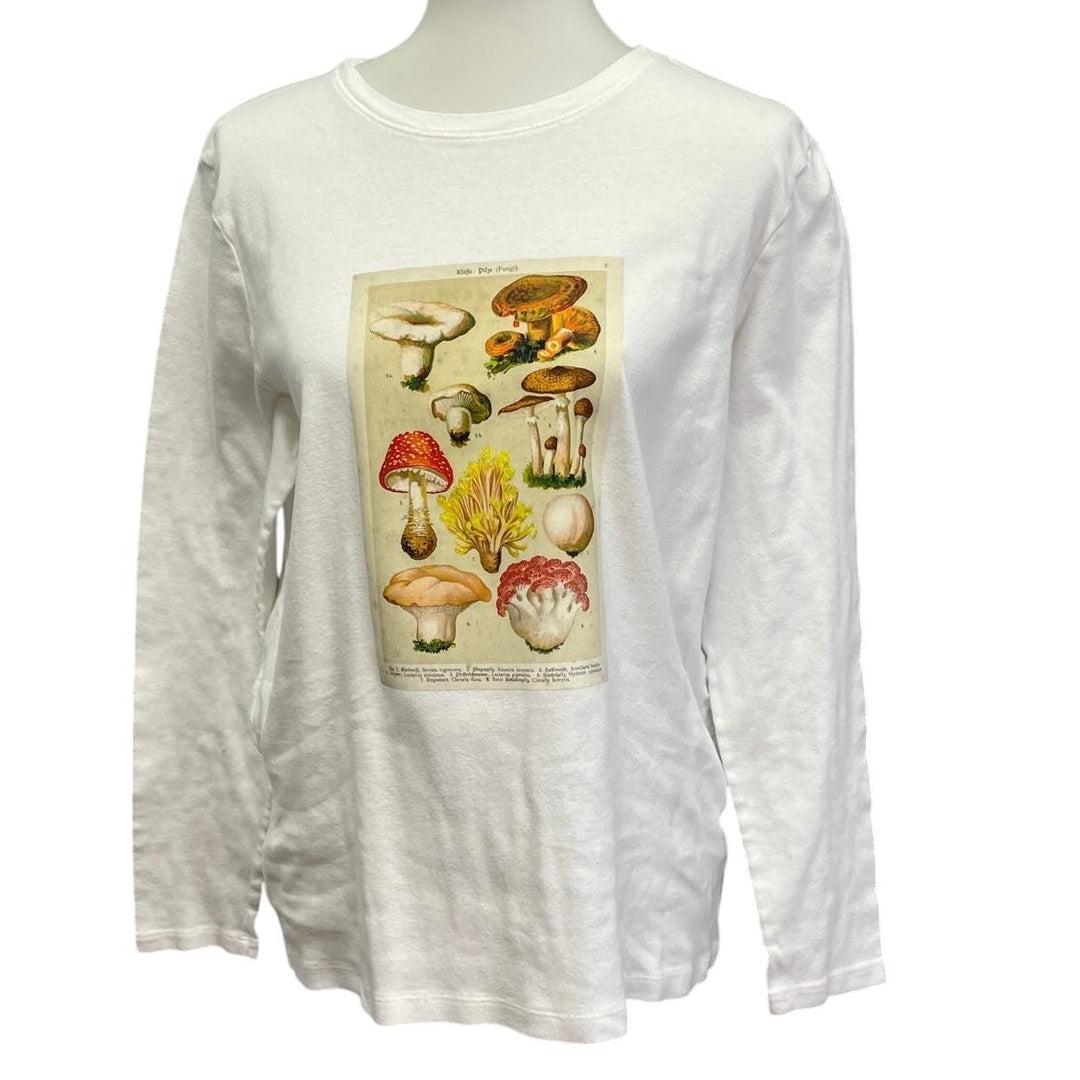 Hand Printed Upcycled Womens XL Vintage Reference Book Mushroom Fungi Long Tee