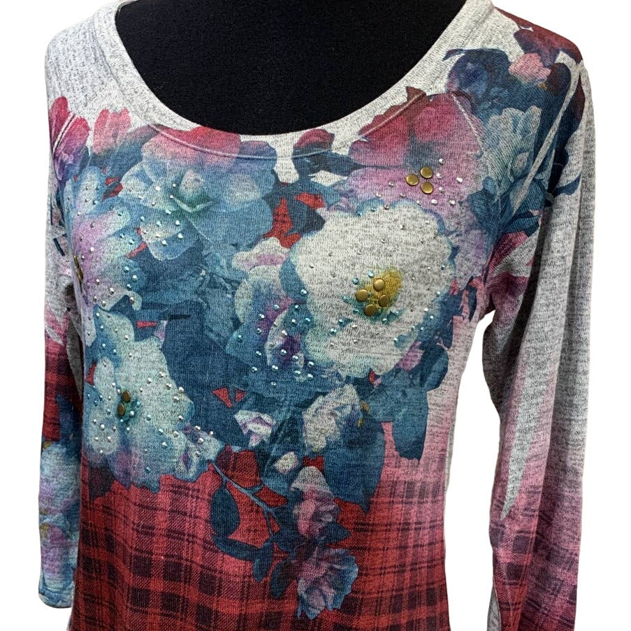 New Style &amp; Co Womens Medium Plaid Floral Black Lace Back Polyblend Blouse Top