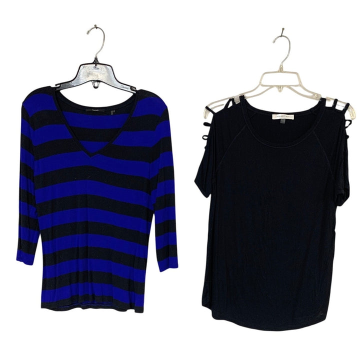Lot of 2 August Silk Tahari Womens Small Black Blue Striped Cold Shoulder Tops