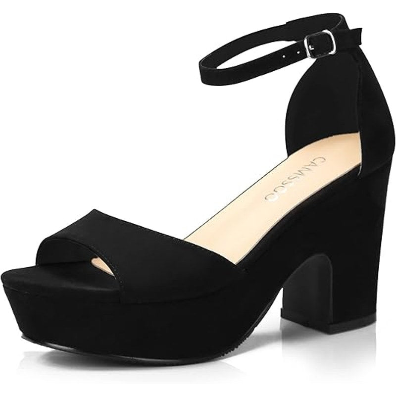 New Camsoo Womens 7.5 Black Faux Suede Open Toe 4" Block Heel Ankle Strap Shoes
