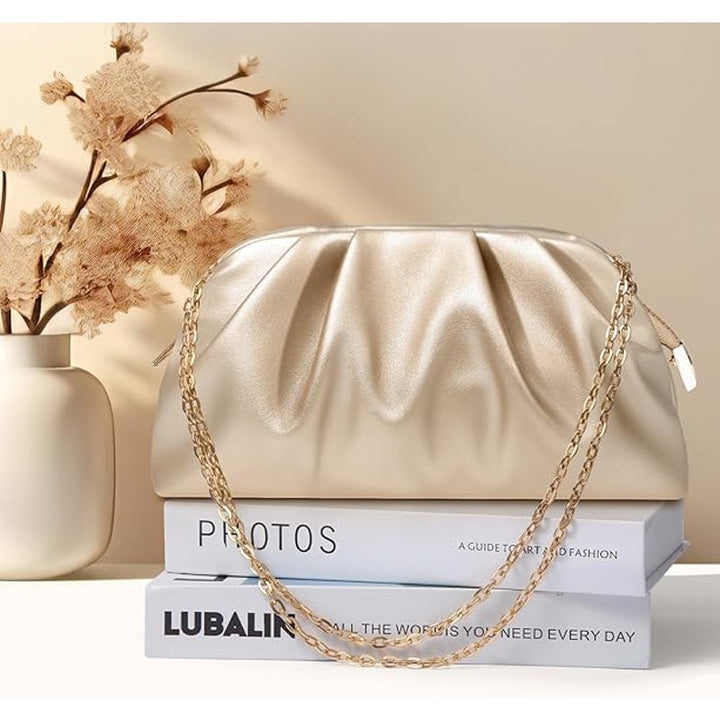lovyoCoCo Womens Gold Pleated PU Leather Magnetic Closure Clutch Shoulder Bag