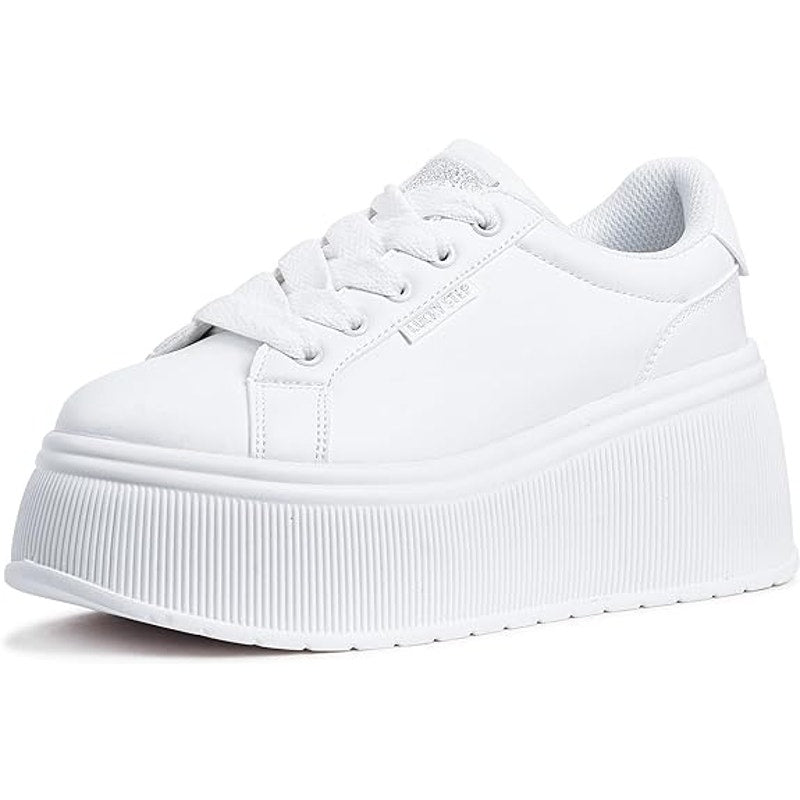 Lucky Step Womens 8 White Classic Wedge Canvas Platform Fashion Sneakers
