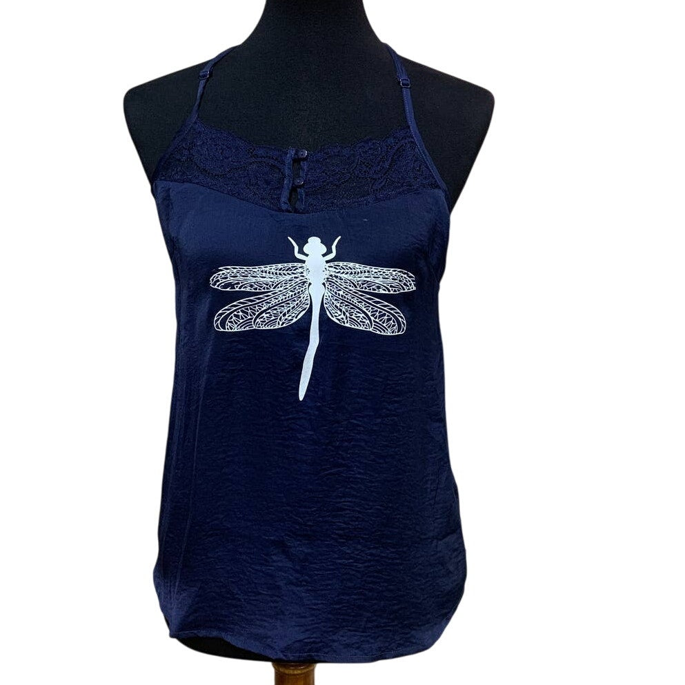Hand Printed Upcycled Womens Small Dragonfly Lacy Racerback Strap Cami Tank