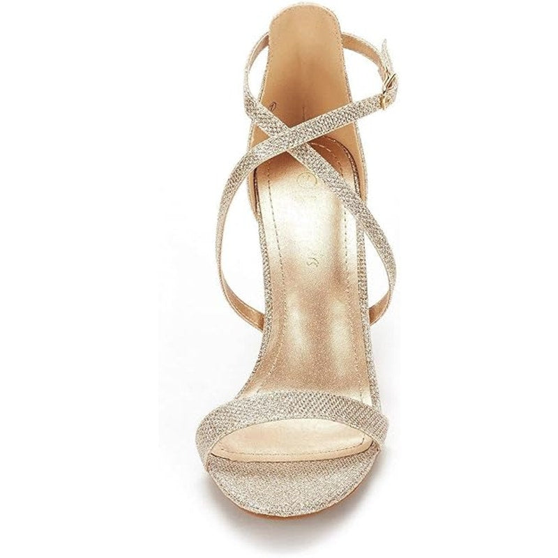 Dream Pairs Womens Size 6.5 Gold Glitter Open Toe 3" Heel Ankle Strap Shoes