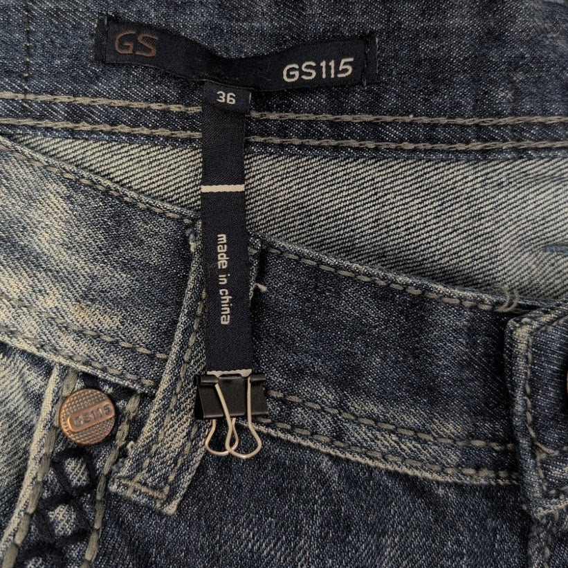 GS115 Mens 36X32 100% Cotton Factory Faded &amp; Distressed Embroidered Denim Jeans