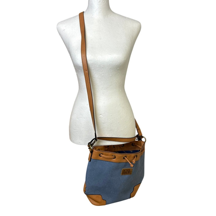 Lee Womens Blue Denim Fabric Adjustable Strap Crossbody Bucket Tote Handbag
