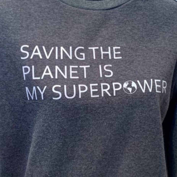 Hand Printed Upcycled Womens Medium Saving the Planet Superpower Sweatshirt