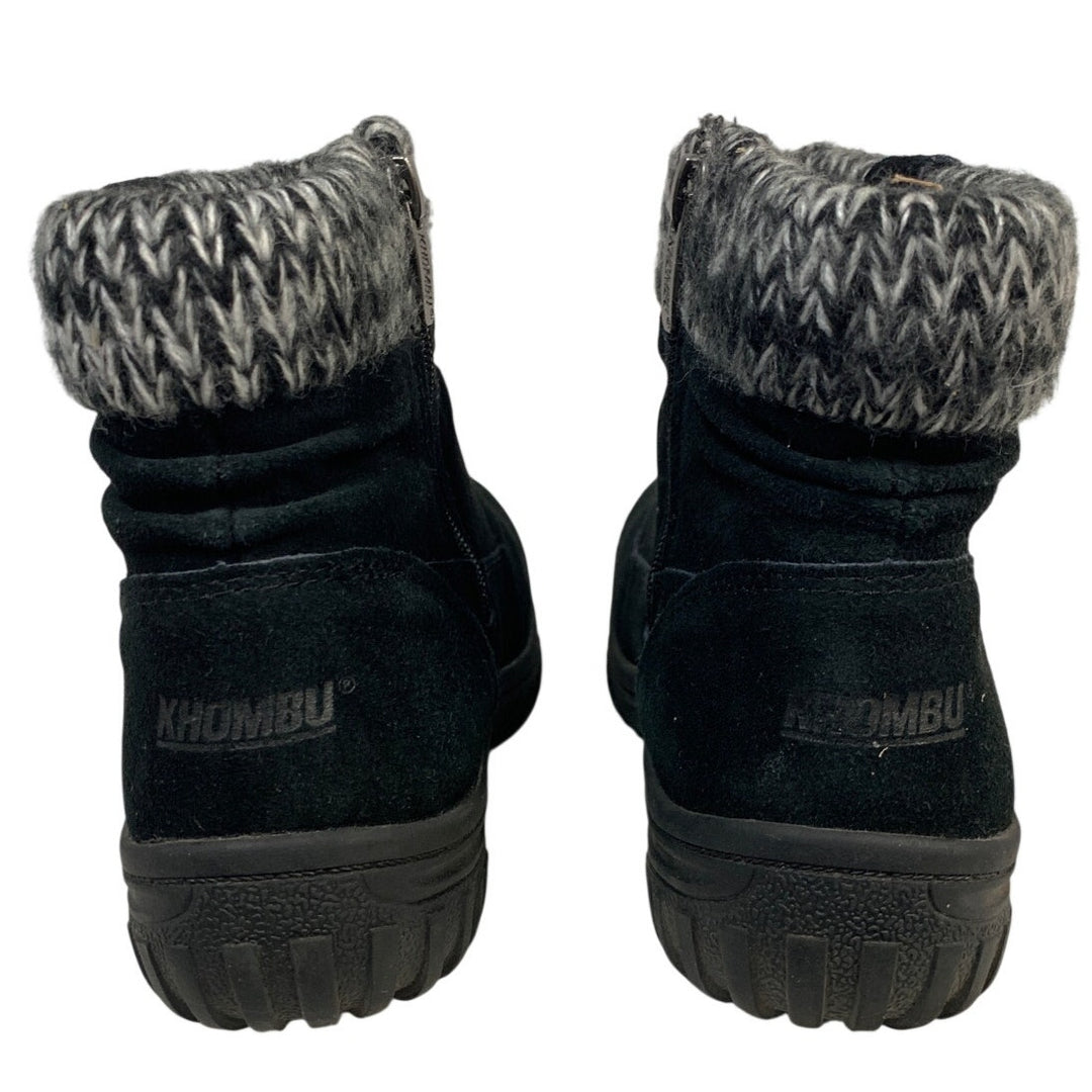 Khombu Womens 6 Black Ankle All Weather Boots Suede Round Toe Knit Top Shoes