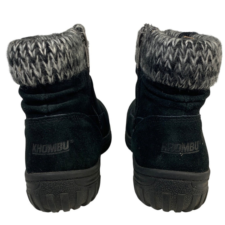 Khombu Womens 6 Black Ankle All Weather Boots Suede Round Toe Knit Top Shoes