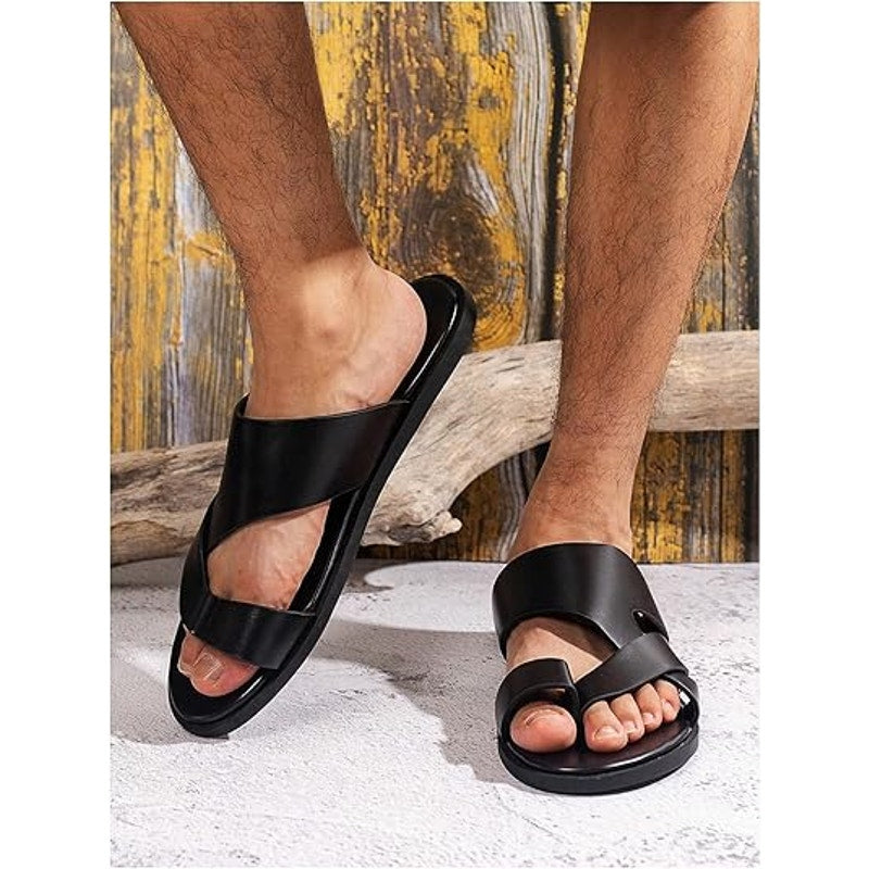 New Gorglitter Mens Size 10 Black Faux Leather Thong Flip Flop Flat Sandal Shoes