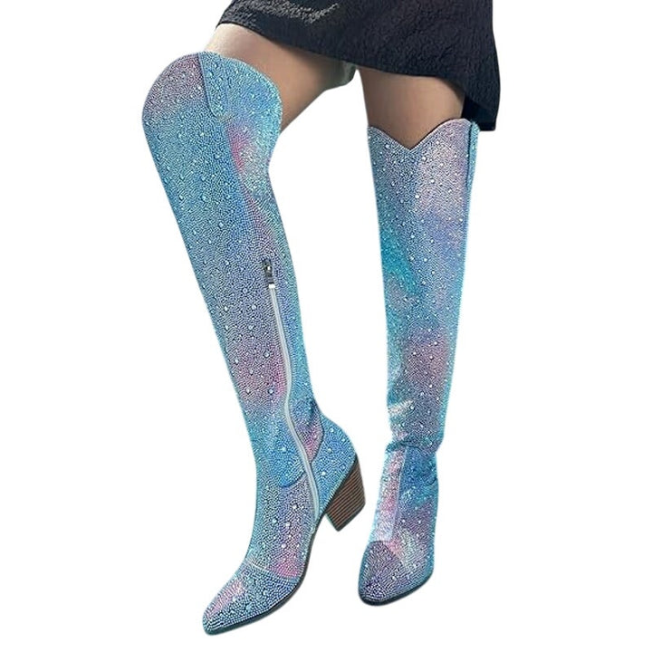 Ronilurn Womens Size 6.5 Rainbow Blue Pink Rhinestone Over the Knee Cowboy Boots2