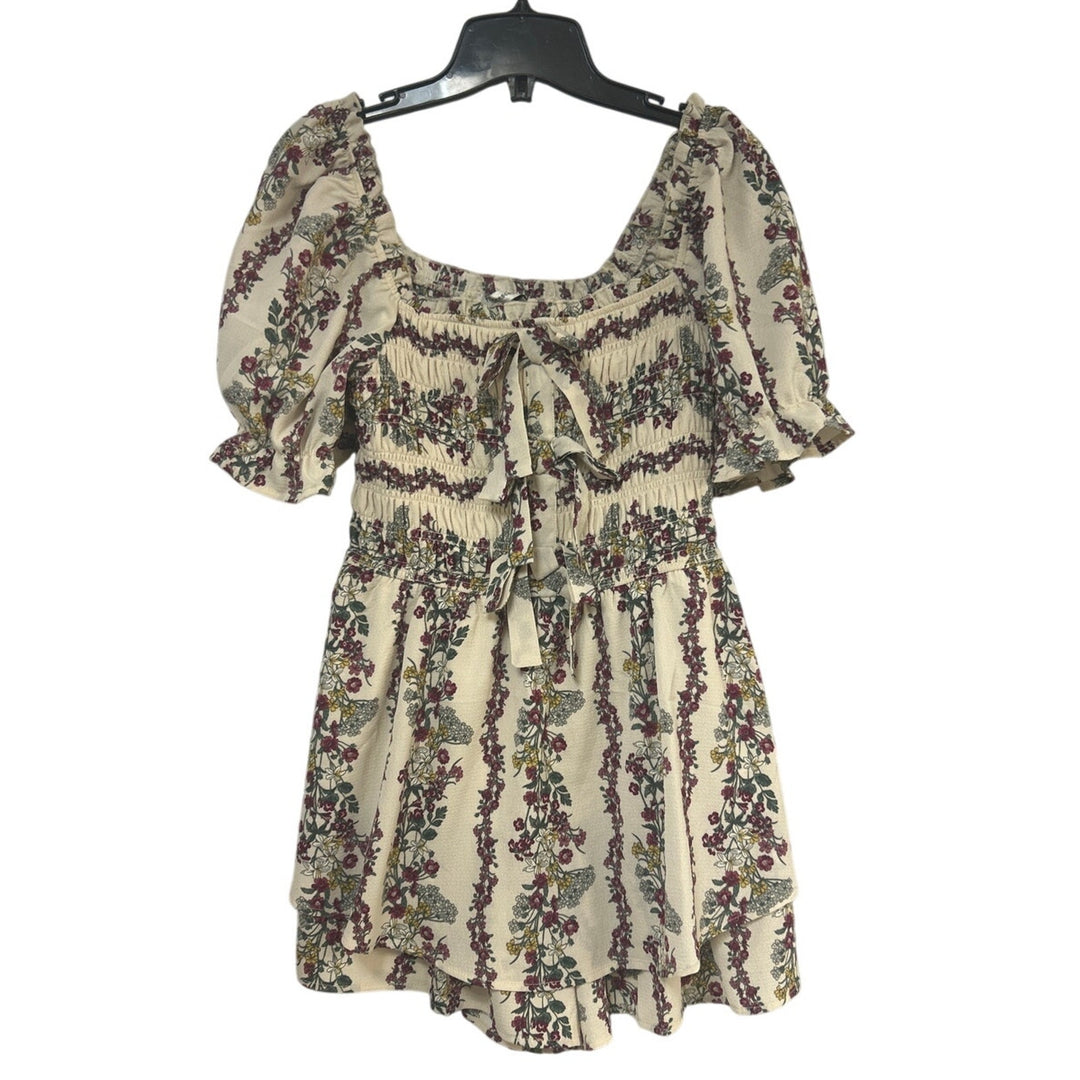 New Francescas Womens Small Boho Cream Pink Floral Ruched Flowy Cottage Top
