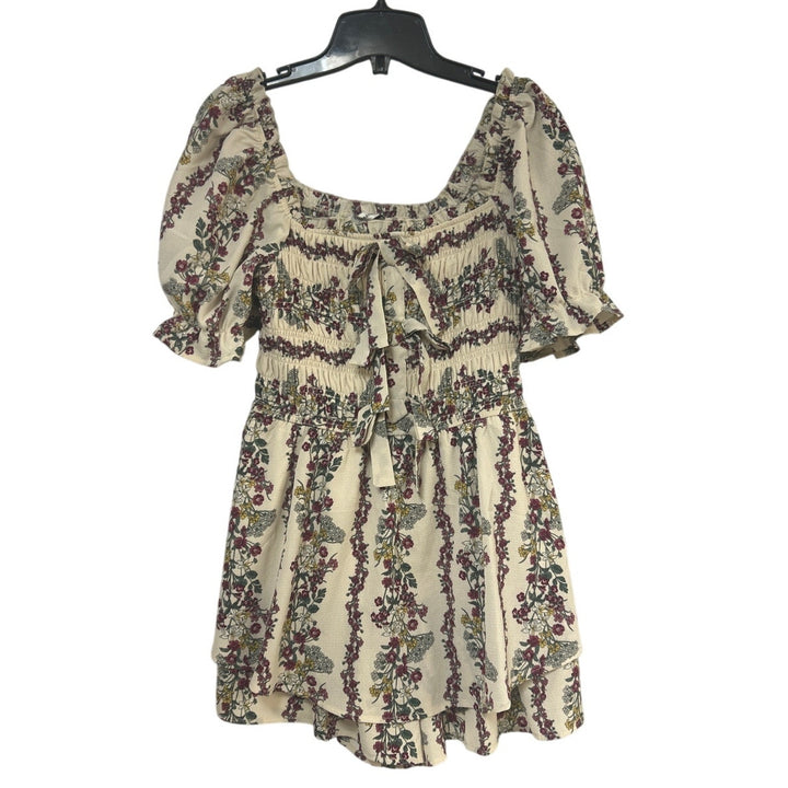 New Francescas Womens Small Boho Cream Pink Floral Ruched Flowy Cottage Top