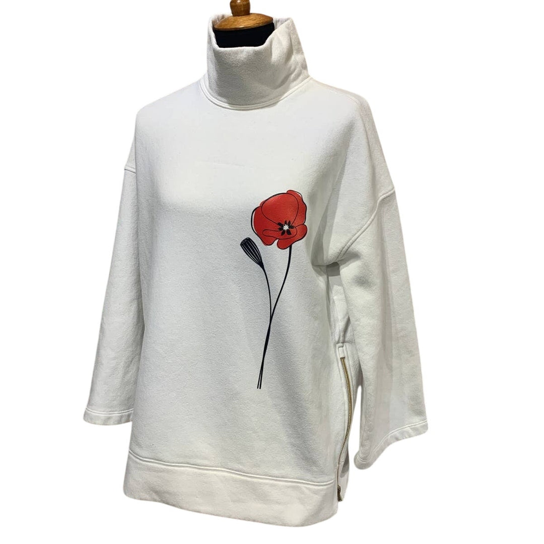 Hand Printed Upcycled Womens Medium Red Poppy Flower Cotton Blend Sweatshirt