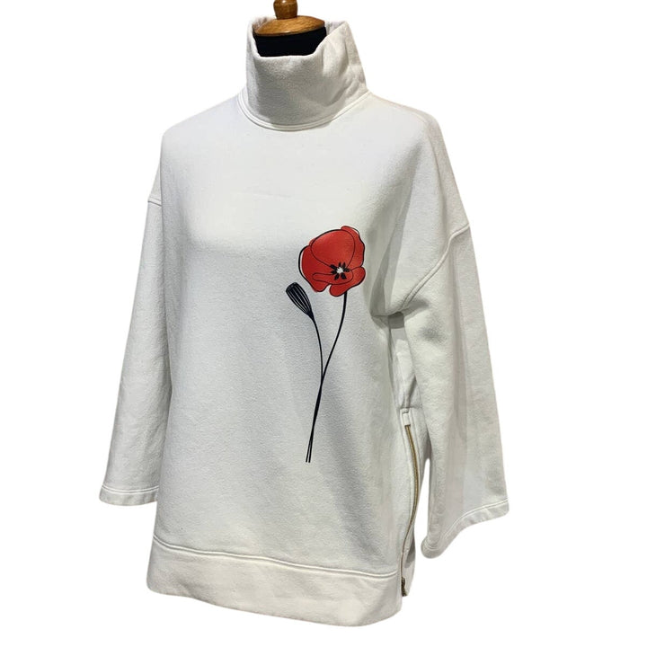 Hand Printed Upcycled Womens Medium Red Poppy Flower Cotton Blend Sweatshirt