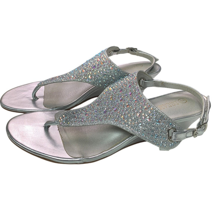 Dream Pairs Womens 8 Silver 2" Heel Sandal Rhinestone T Strap Open Toe Shoes