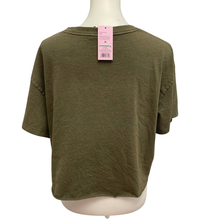 New Hand Printed Upcycled Medium Rose Flower Cropped V-Neck Tee Shirt Blouse